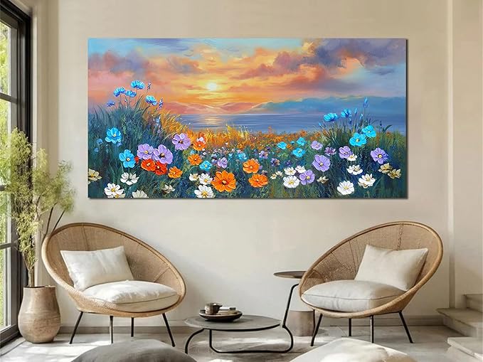 Ardemy Landscape Wall Art for Living Room Extra Large Wildflower Pictures Wall Decor Coastal Sunset Floral Canvas Textured Bedroom Flower Paintings Artwork Home Office, 58"x29"