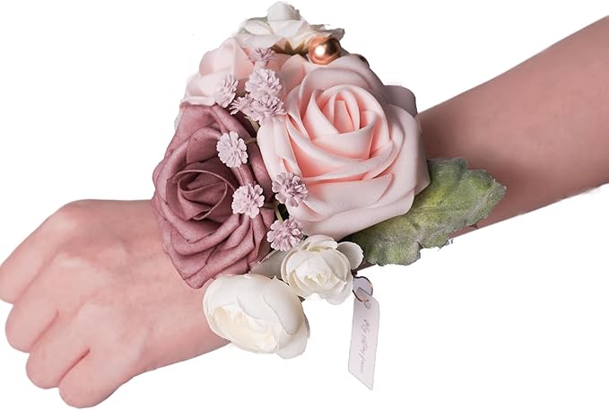 2 Pcs Artificial Flower Wrist Corsage Set, Elastic Wristlet for Prom Wedding Bridesmaid Homecoming Party Anniversary Decoration (Dusty Rose)