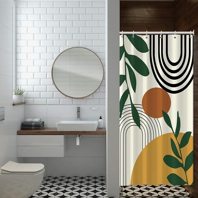 Boho Geometric Shower Curtain Beige Mid Century Abstract Arch Curve Bathroom Curtain Minimalistic Sun Shower Curtain Sets for Bathroom Extra Long 36x72 in with 6 Hooks