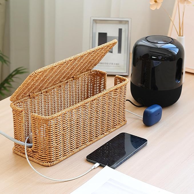 Cable Management Box, Handmade Woven Cable Organizer Cords Hider with Locked Cover Desk Cord Organizer Management for TV, Computer, Router, USB Hub to Hide Cords & Power Strip.
