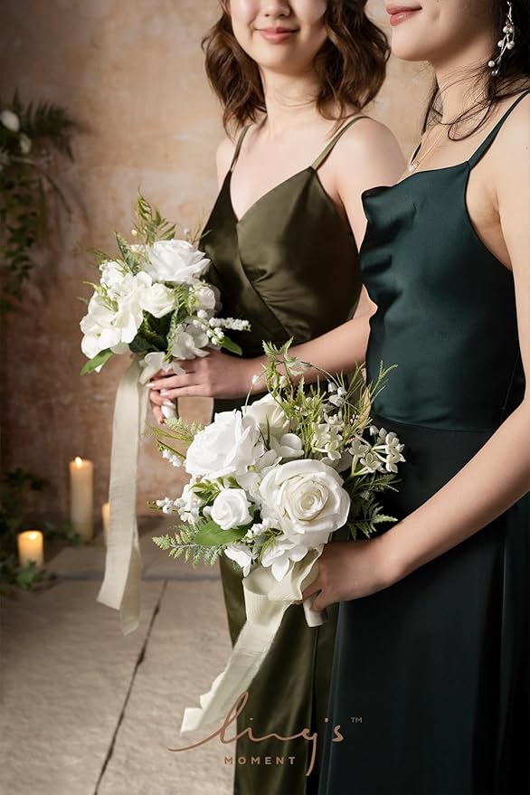 Ling's moment Lily of The Valley White Bridesmaid Bouquet, White Wedding Bouquets for Bridesmaids, 7 Inch Bridal Bouquets for Bridesmaids, Wedding, Ceremony, Anniversary, etc.