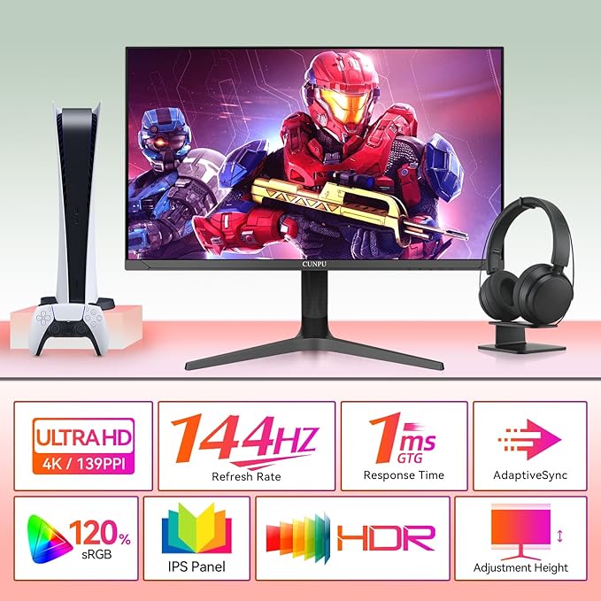32 Inch 4k Gaming Monitor, 144Hz UHD Fast IPS Panel, 1ms GTG, sRGB 120%,10 Bit, Gsync & FreeSync, Support Xbox PS5 4k 120Hz VRR ALLM, HDMI 2.1,DP 1.4, Height/Vertical Adjustment