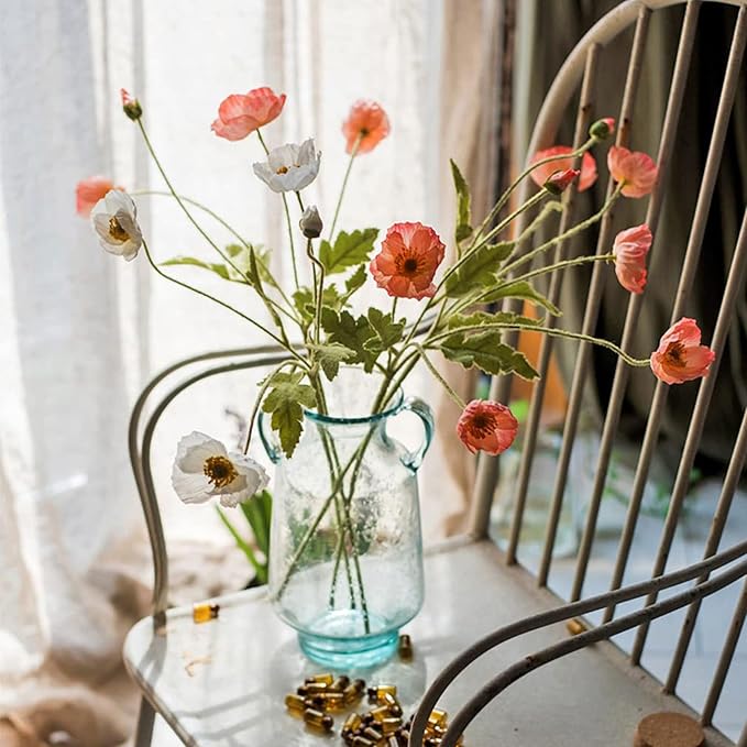 Artificial Flowers 6 Stems Poppy Silk Bouquet,for Wedding, Home, Party Decoration,Table Centerpiece Arrangement(Orange Pink 6pcs)