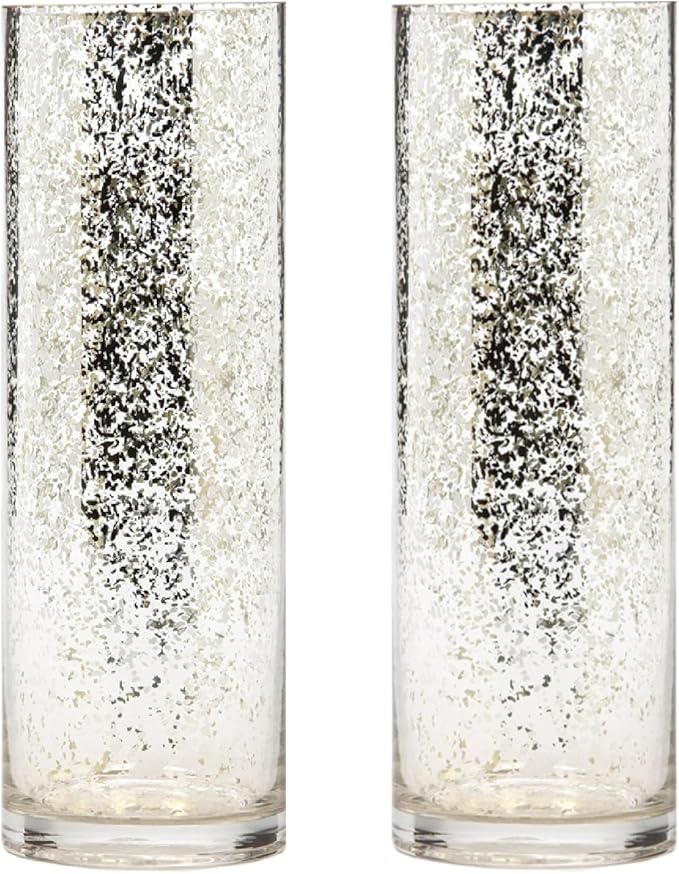 Hosley Silver Mercury Glass Vase Set of 2 Pcs, Large Glass Vases for Flowers, Vases in Bulk, Vintage for Centerpieces, Ideal for Home Décor, Livingroom, Office, Spa