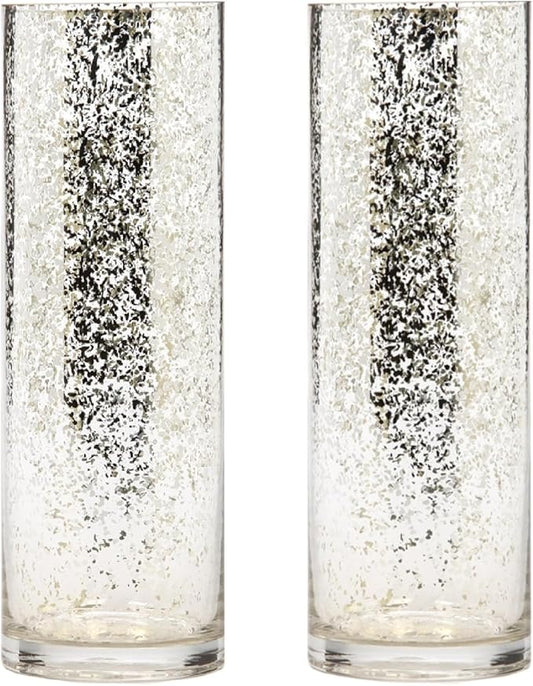 Hosley Silver Mercury Glass Vase Set of 2 Pcs, Large Glass Vases for Flowers, Vases in Bulk, Vintage for Centerpieces, Ideal for Home Décor, Livingroom, Office, Spa