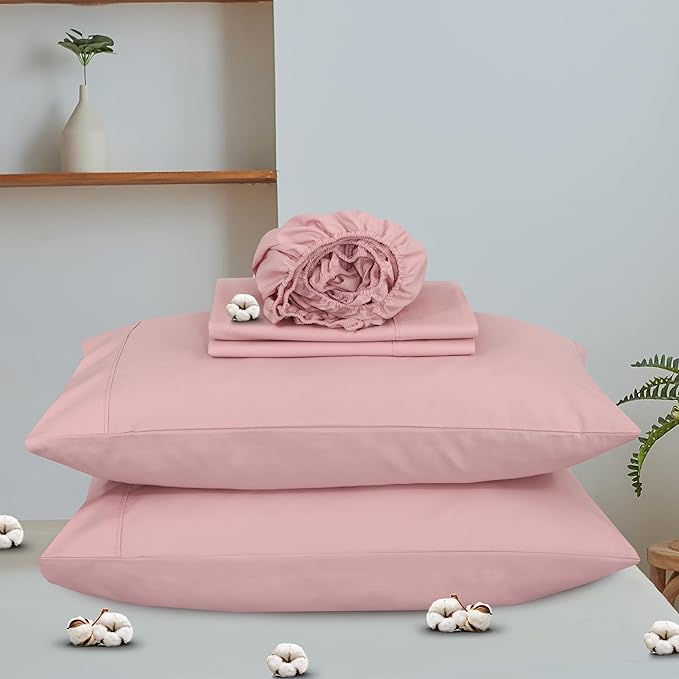 RUVANTI 100% Organic Cotton Sheets Queen Size, Percale Weave, GOTS Certified, 4-Piece Set, Deep Pocket 15", Crisp & Breathable, Soft Durable Bedding, Sábanas Algodón Orgánico –Peach Skin