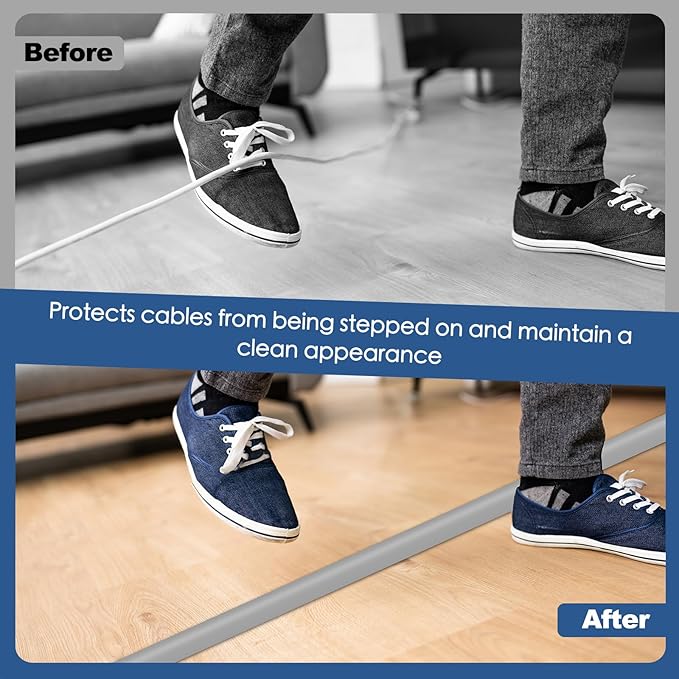 Floor Cord Cover for Wires on Floor Self Adhesive Cord Hider Floor Cable Management Wire Covers for Cords Protector Prevent Cable Trips Cord Cavity W 0.59" x H 0.31", Gray, 3.3Ft