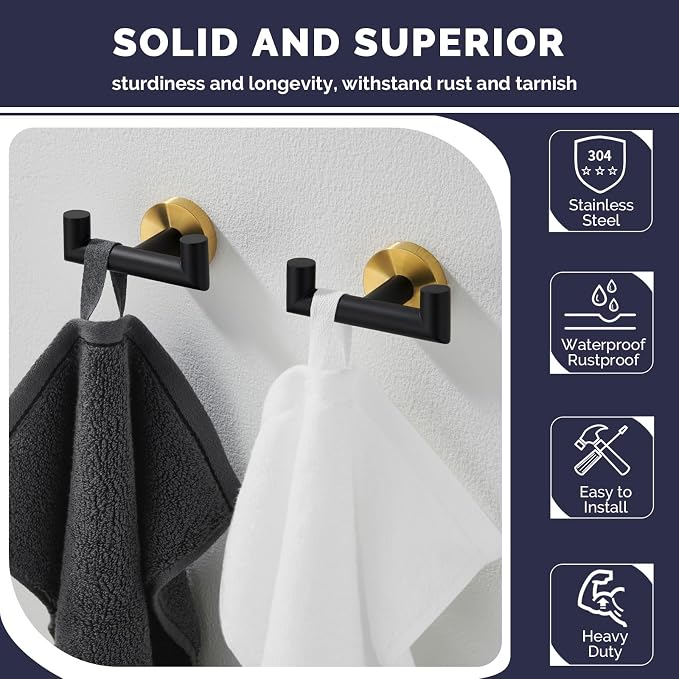 Angle Simple Towel Double Hook Black & Gold, 2 PCS Stainless Steel Bathroom Towel Holder, Dual Robe Coat Hook for Wall
