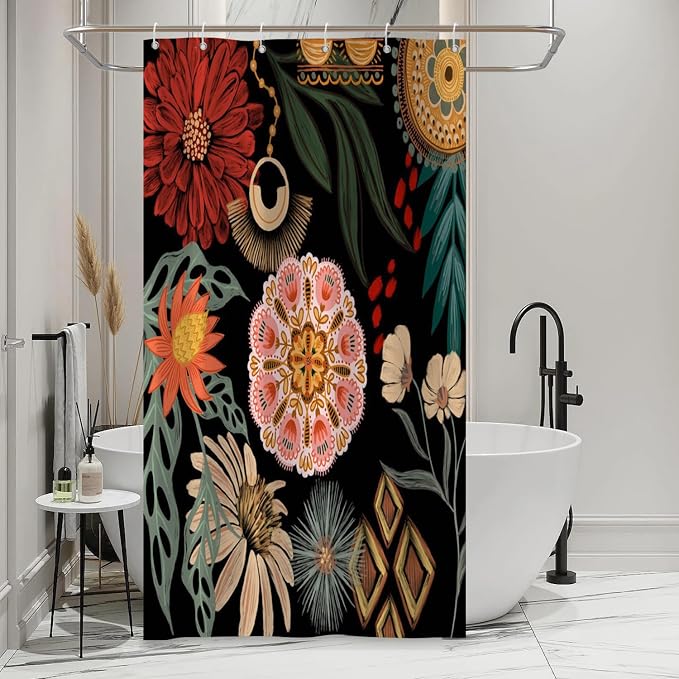 Black Boho Floral Shower Curtain Abstract Botanical Mid Century Modern Bathroom Decor Tropical Flower Shower Curtain with 10 Hooks,54x78 inches