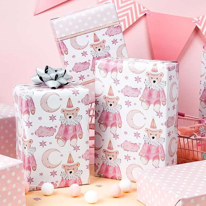 HOMERAL Pink Baby Girl Wrapping Paper Roll - Teddy Bear in Romper & Party Hat with Moon, Star & Cloud Design, Pink Reversible Gift Wrap for Baby Shower, Girls Birthday, Gender Reveal Party - 17 Inch x 33 Feet