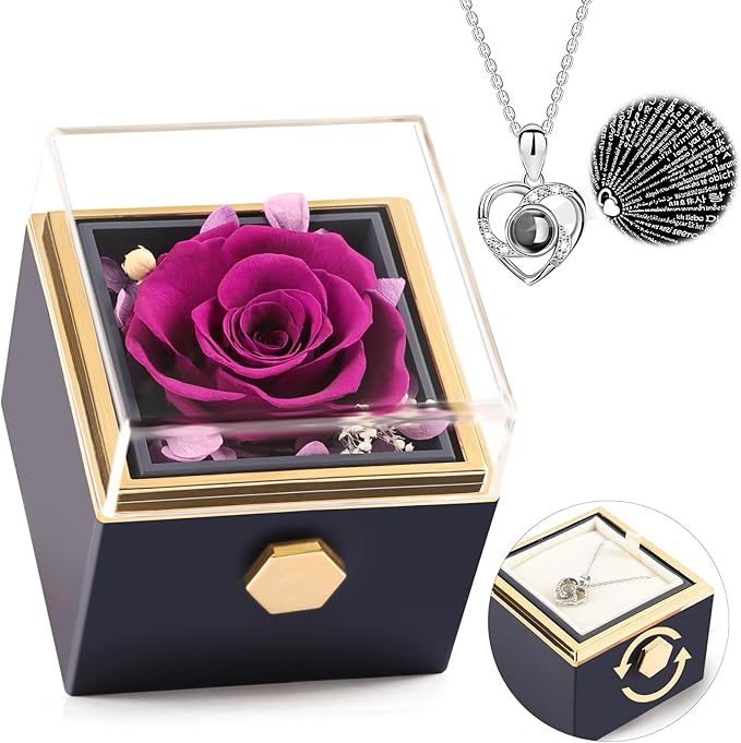 Preserved Real Purple Forever Rose Rotating Box with I Love You Necklace 100 Languages,Forever Flowers Rotating Jewelry Box Gifts for Women Mom Wife Girlfriend,Mothers Day Birthday Anniversary