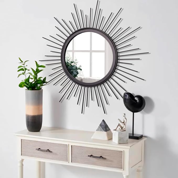 Sunburst Wall Mirror, Black Large Spoked Wall Decor Mirror Bohemian Home Round Modern Metal Wall Art Mirror for Living Room Hallway Bedroom Bathroom 24" x 24"