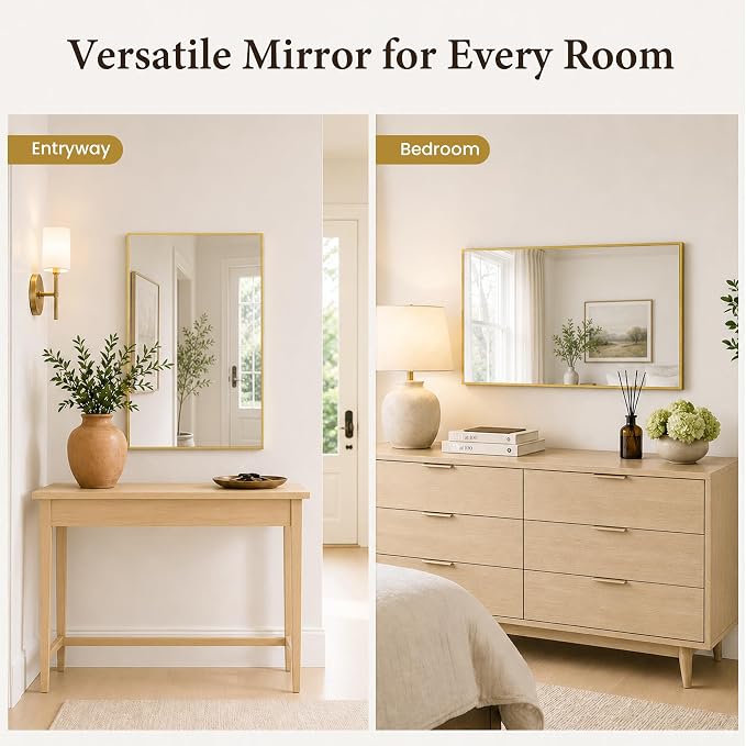 24x36 Inch Brushed Gold Bathroom Mirrors Set of 2, Tempered Glass Rectangular Wall Mirror, Rustproof Metal Frame Double Vanity Mirrors for Over Sink, Entryway, Flush Mount