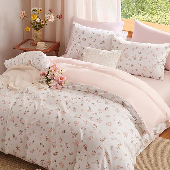 Nayoroom Pink Floral Duvet Cover Queen Size Reversible Spring Cottagecore Bedding Set Girls 3 Pcs Soft Microfiber Coquette Comforter Cover Gift for Women