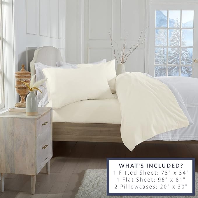 Market & Place 100% Turkish Cotton Flannel Sheet Set | 4 Piece Deep Pocket Solid Cozy Winter Bed Sheets | Double Brushed for Extra Softness & Comfort | Chalet Collection (Full, Ivory)