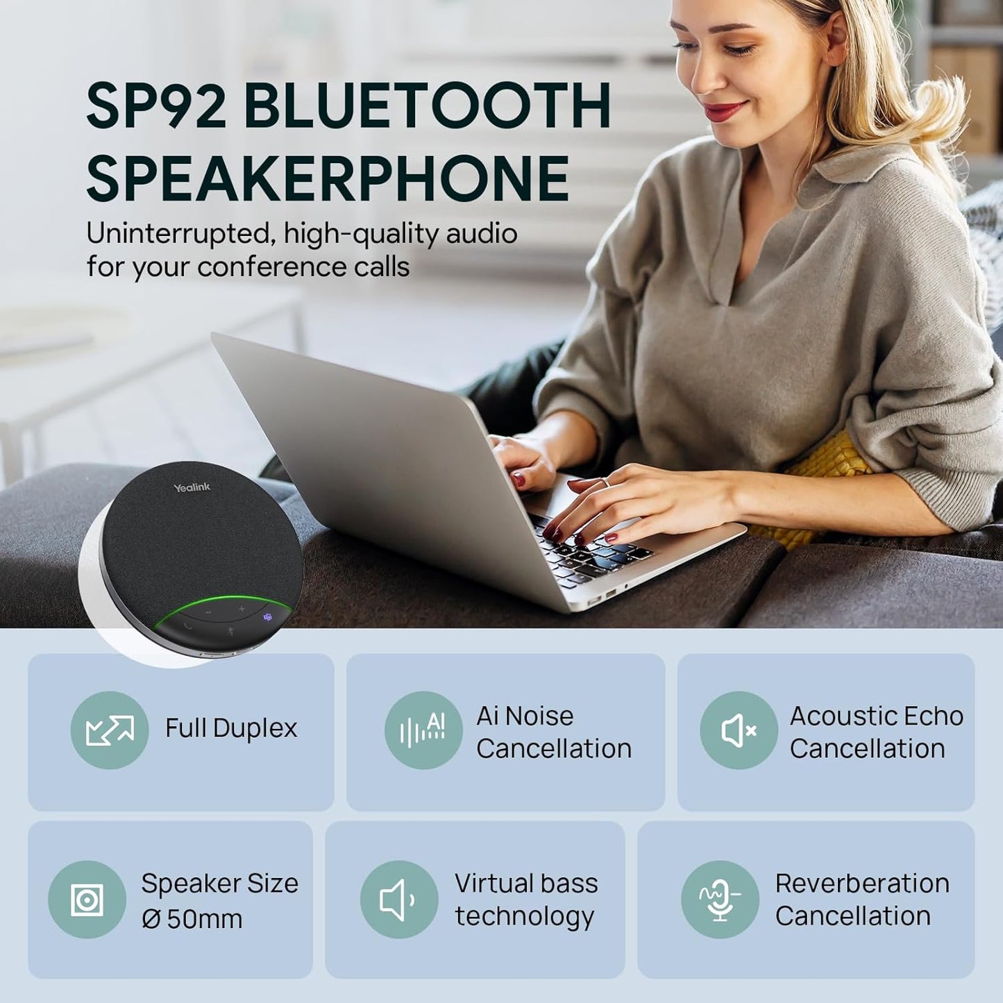 Yealink Sp92 Conference Speaker - Teams Certified Microphone with AI Noise Cancelling | 20H Call Time, USB & Bluetooth for Small Meeting Rooms
