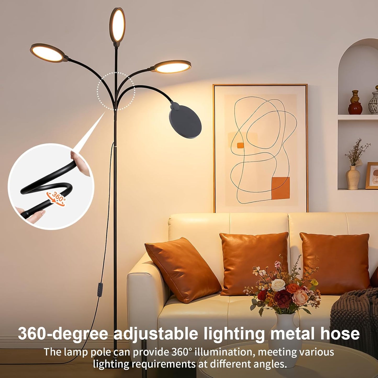 Skiennix Modern Black Floor Lamp - 62.6” Adjustable Gooseneck LED Lamp with Dimmer & Color Temperature for Living Room, Bedroom, Office