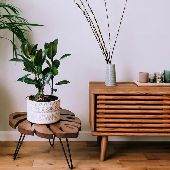 Novabright Monstera Leaf Short Plant Stand Small Wooden Plant Stool Stand Risers Pedestal Display Decorative for Flower Indoor Outdoor Rustic Farmhouse Table Balcony Home Office Bedroom Decor