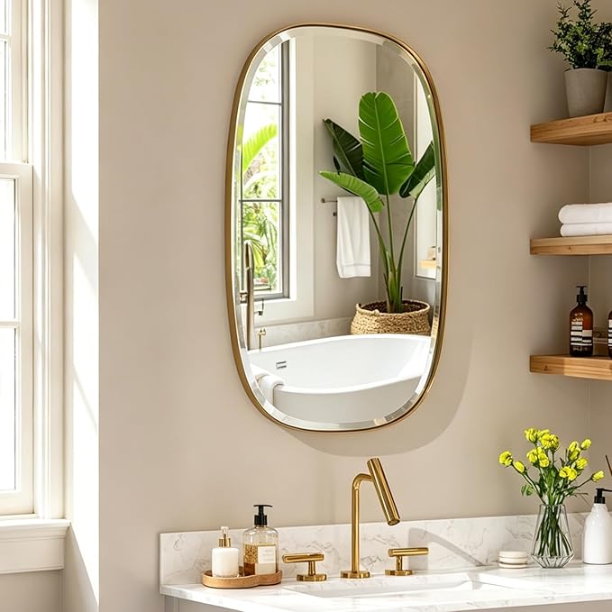 POZINO Beveled Bathroom Mirror, 40"x24" Oblong Vanity Mirrors with Stainless Steel Frame, Brushed Gold Rectangle Wall Mirror for Entryway Bedroom Hallway Living Room, Hangs Vertically or Horizontally