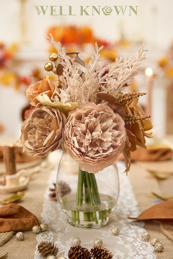 Artificial Flowers in Vase with Fake Water, Fake Terracotta Coffee Earth Tone Silk Rose Gold Berry Flowers Arrangement for Winter Home Decor Dining Table Centerpiece Wedding Christmas Party Gift