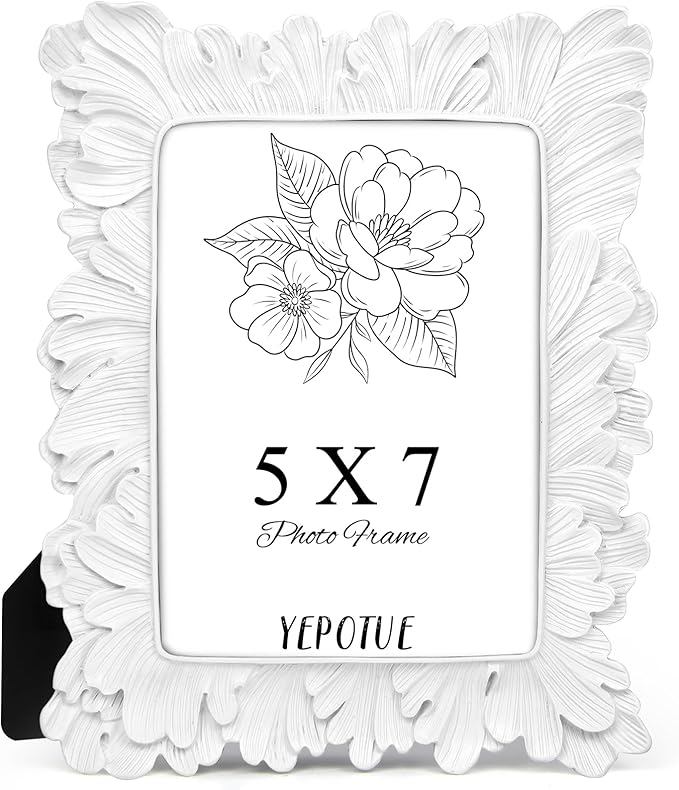 5x7 Vintage Picture Frame White, Ornate Leaves Photo Frame with Glass Front, Elegant Picture Frame for Wall or Tabletop Display, Gift ldeas for Home Decor