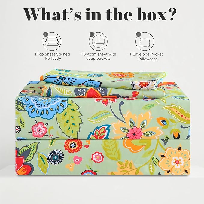 Bedlifes Twin Sheet Set Ultra Soft, Breathable, Silky Flower Deep Pocket 100% Microfiber Bedding, 3 Piece Twin Size with Floral Sage Green
