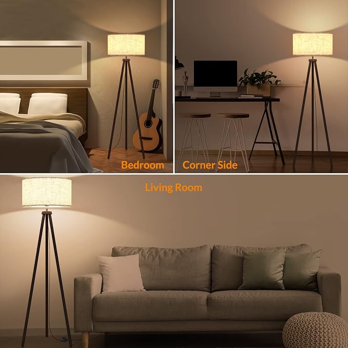 LEPOWER Wood Tripod Floor Lamp, Mid Century Standing Lamp for Living Room, Flaxen Lamp Shade, Modern Design Lamp with E26 Lamp Base, Tall Floor Lamp for Bedroom, Study and Office Walnut