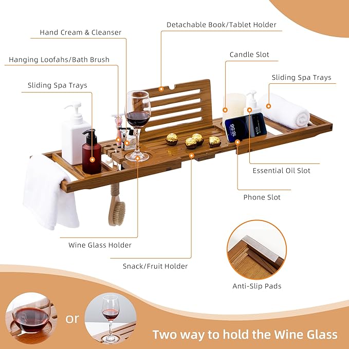 Luxury Teak Bathtub Tray - Foldable Bath Caddy with Expandable Handles, Wine Glass & Phone Holder, Book Stand - Enhance Home Spa Experience with Natural Material - Relaxing & Reading, Teak