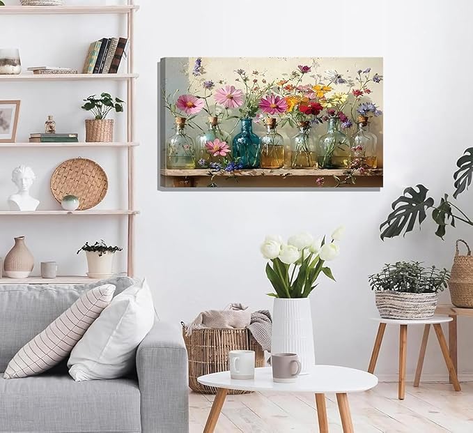 1Pcs Framed Retro Farmhouse Flowers Canvas wall art Colorful wildflowers Posters Prints Colored glass bottles Artwork Pictures Printing Wall Decor for Living Room Bedroom Bathroom Home Decoration