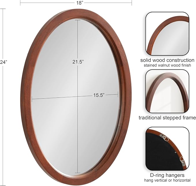 Kate and Laurel Hogan Mid-Century Oval Framed Wall Mirror; 18 x 24; Dark Walnut; Decorative Modern Wood Mirror with Soft Curvature and Oval Shape