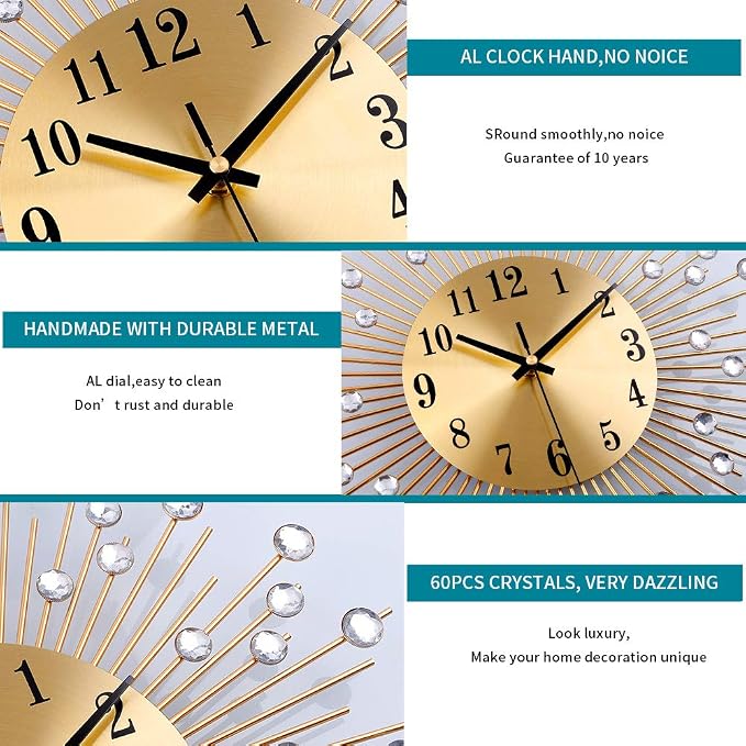 Large Wall Clocks for Living Room Decor Modern Gold Silent Wall Clock Battery Operated Non-Ticking for Bedroom Kitchen Home Decorative 14 Inch Round Metal Crystal Wall Watch for Office