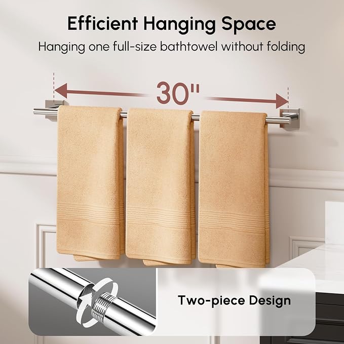 USHOWER Polished Chrome Bath Towel Bar, 30 Inch Towel Racks for Bathroom Wall Mounted, 304 Stainless Steel Towel Holder with Square Base, Modern Home Decor (Total Length 32 Inch)
