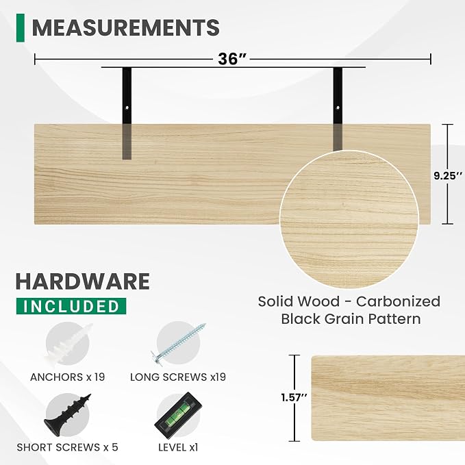 Solid Wood Floating Shelves For Wall, 36”W x 9”D x 1.56”H Large Wall Shelves for Living Room Bedroom Bathroom Kitchen Drcor Storage with Invisible Heavy-Duty Metal Bracket, Natural, Set of 2