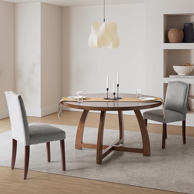 HULALA HOME 54 inch Round Dining Table for 6 People，Rustic Farmhouse Solid Wood Circle Dinner Tables for Small Spaces Dining Room Living Room Kitchen, Walnut