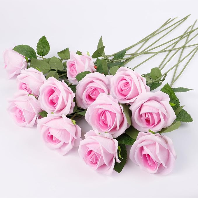 12 Pcs Artificial Rose Flowers, Silk Roses with Long Stems, Realistic Fake Roses for Wedding Centerpiece Party Home and Office DIY Decor, Pink