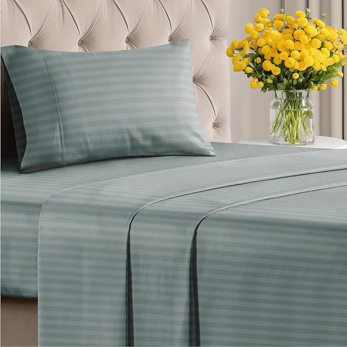 Striped Sheets - Green Striped Sheets - 1 Flat & 1 Fitted & 1 Pillowcase w/ Deep Pockets – Wrinkle & Fade Resistant - Ultra-Soft, Breathable and Cooling – Luxury Pinstripe Bedding - Twin Size Bed Set