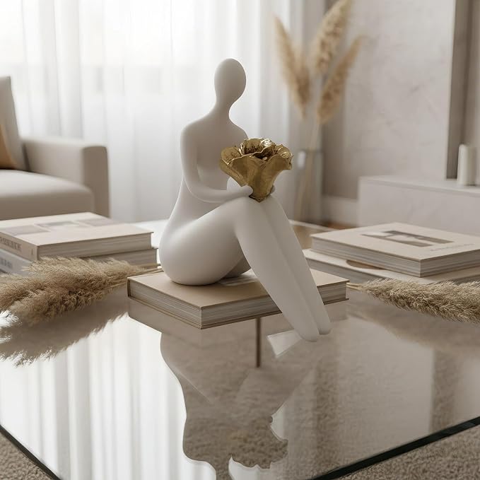 Lescafita White Abstract Figure Statue with Flowers, Modern Resin Sculpture for Home Decor, Minimalist Figurine Art for Living Room, Office Desk, Gift for Art Lovers
