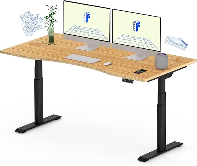 FLEXISPOT E6 Pro Oval Leg Dual Motor 3 Stages Bamboo Electric Standing Desk 55x28 Inch Whole-Piece Board Height Adjustable Electric Sit Stand Up Desk (Black Frame + Bamboo Curved Desktop)