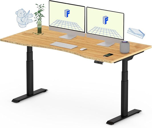 FLEXISPOT E6 Pro Oval Leg Dual Motor 3 Stages Bamboo Electric Standing Desk 55x28 Inch Whole-Piece Board Height Adjustable Electric Sit Stand Up Desk (Black Frame + Bamboo Curved Desktop)