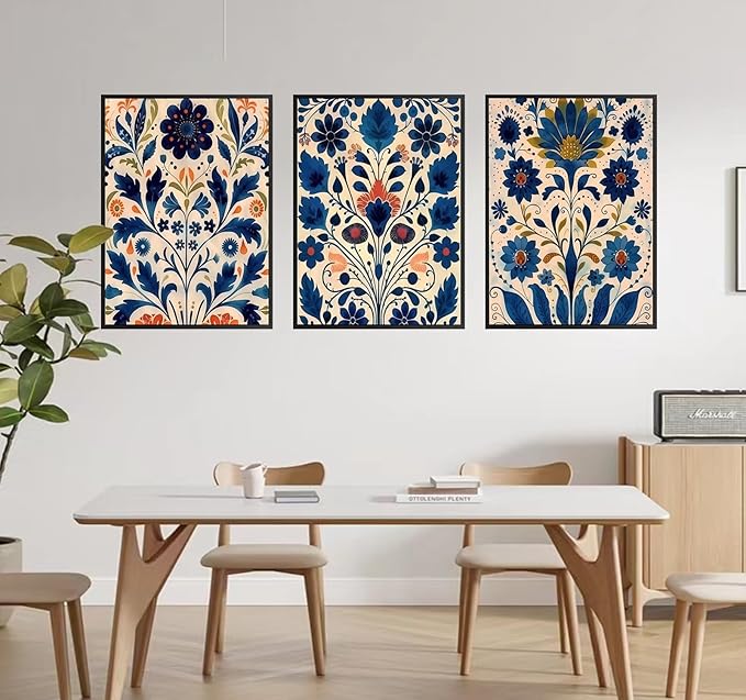 3 Pcs Blue Boho Flower Canvas Wall Art, Floral Painting Poster Wall Decor,Wildflower Botanical Picture for Wall Living Room Bathroom Bedroom Home Decoration 16 * 24 in (Poster no Framed)