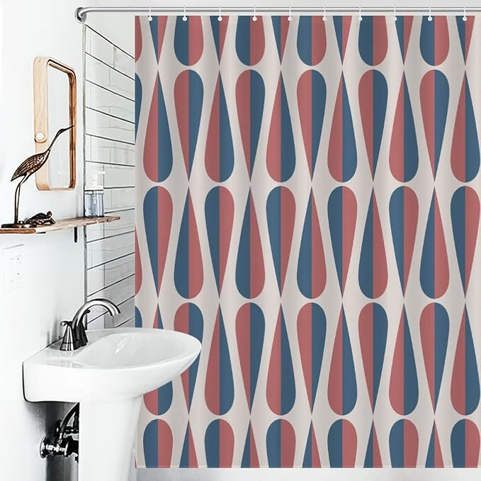 Mid Century Modern Shower Curtain,Retro Geometric Drop Shapes Art Style Shower Curtains Set for Bathroom Fabric Decorative Bath Curtain Washable Curtain Hooks, 72x72 in