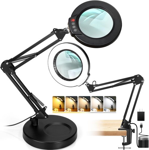 Seylae 10X Magnifying Glass with Light - 2-in-1 Desk Lamp & Clamp Light | 5 Color Modes, Dimmable LED