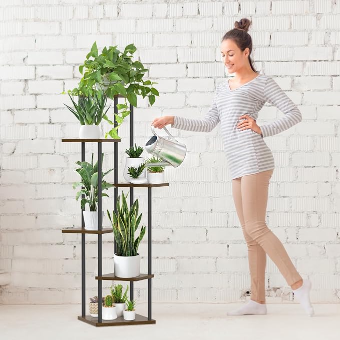 Oppro 6 Tier Plant Stand Indoor Outdoor, Tall Metal Wood Muti-Level Planter Shelf Holder, Sturdy Large Vertical Corner Orchid Flower Pot Display Rack for Narrow House Decor Office Living Room Bedroom, Oak