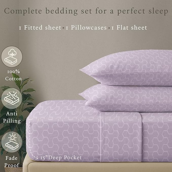 Threadmill Cotton Twin XL Sheet Set | 500TC Cotton Sheets for Twin XL Size Bed | Damask Jacquard Sateen Twin XL Bed Sheets Set with 15” Deep Pocket | Soft Breathable 3-Piece Cooling Sheet Set | Lilac