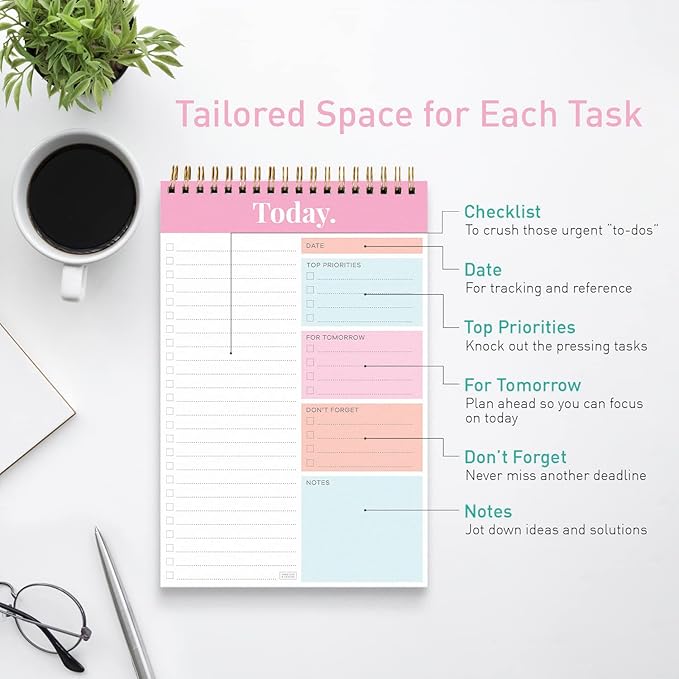 Sweetzer & Orange Daily & Weekly To Do List Notepad – Undated Work Planner & Organizer with Wish List Section, 52-Sheet Coiled Task Pad for Productivity – PINK To Do List Notebook for Work