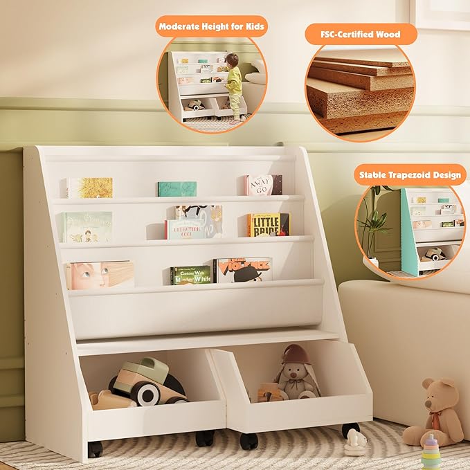 NACHES Kids Bookshelf,Toddler Bookcase Toy Bin with 2 Drawers 3 Sling Pockets –Children Bookshelf with Storage for Bedroom,Nursery or Playroom FSC Wood,Trapezoid 35" W, White (2 Movable Drawer)