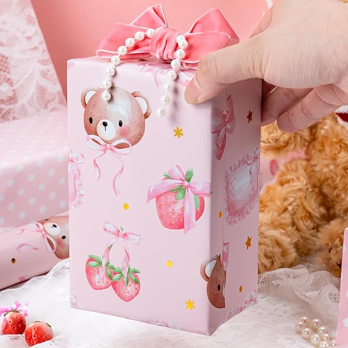 Burymento Pink Strawberries Bear Wrapping Paper, Reversible Dot Design Gift Wrap for Baby Shower, Birthday, Valentines, Mothers day, Graduation, Wedding, Fathers day, Christmas (17 Inch X 32.8 Feet)
