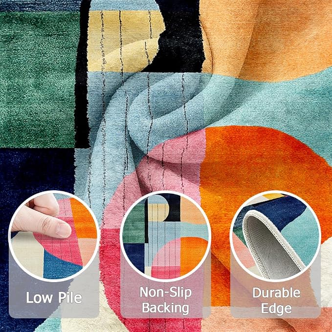 6x9 Colorful Area Rug Modern Abstract Orange Yellow Pink Blue White Beige Black Bedroom Rug Low Pile Thin Large Carpet Living Room Non Slip Dining Room Stain Resistant Office Washable Machine