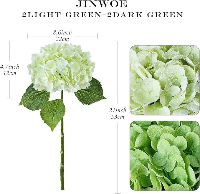 4PCS Green Artificial Hydrangeas, 21” Latex Silk Real Touch Lifelike Hydrangea Artificial Flowers,Large Faux Flowers for Wedding Outdoor Kitchen Table Home Garden