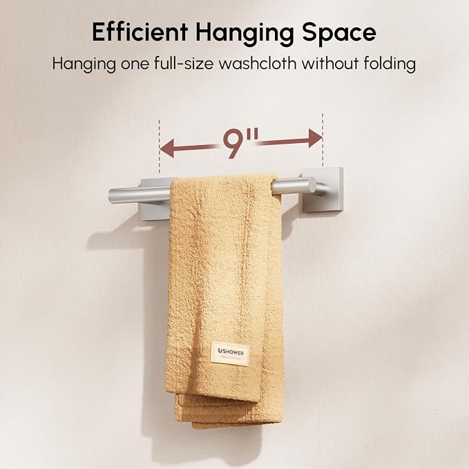 USHOWER Brushed Nickel Hand Towel Bar, 9 Inch Towel Racks for Bathroom Wall Mounted, 304 Stainless Steel Towel Holder with Square Base, Modern Home Decor (Total Length 11 Inch)